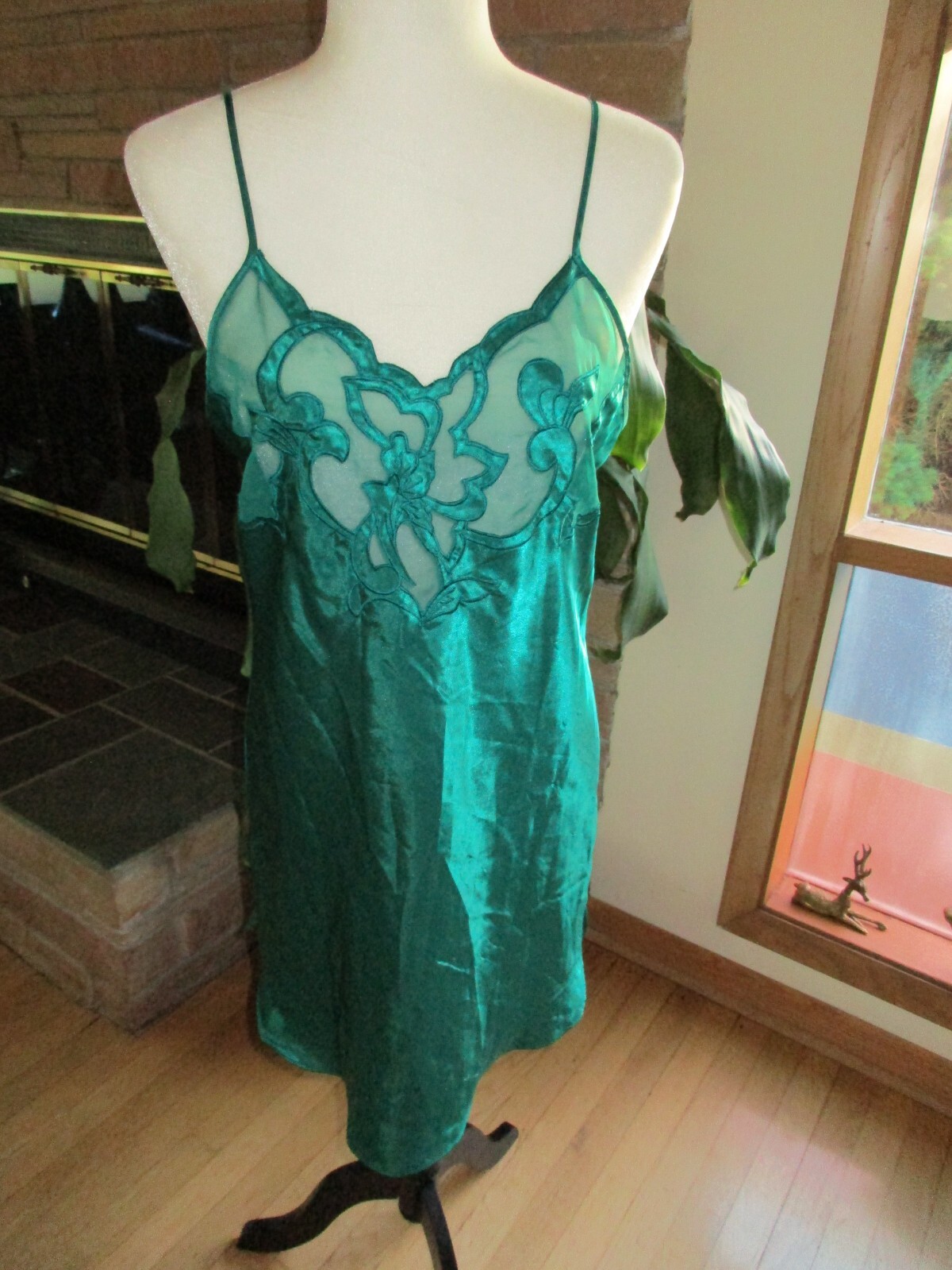 Vintage Victoria Secret Gold Label Cami Nightgown Green Satin Lingerie Medium