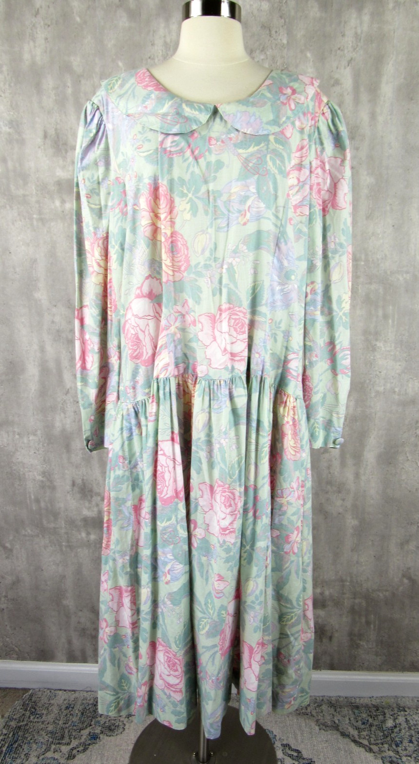 Vintage 80s Floral Drop Waist Light Green Tea Garden Midi Dress Cotton XL 2XL
