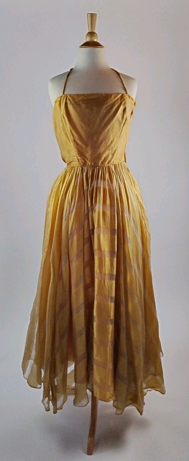 Vintage 1950’s Bonwit Teller Silk Chiffon Halter Cocktail Dress Gold