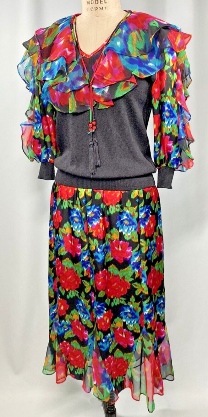 Vintage Dress SIZE SMALL 6 knit black bright chiffon ruffle ANTHONY SICARI 90s