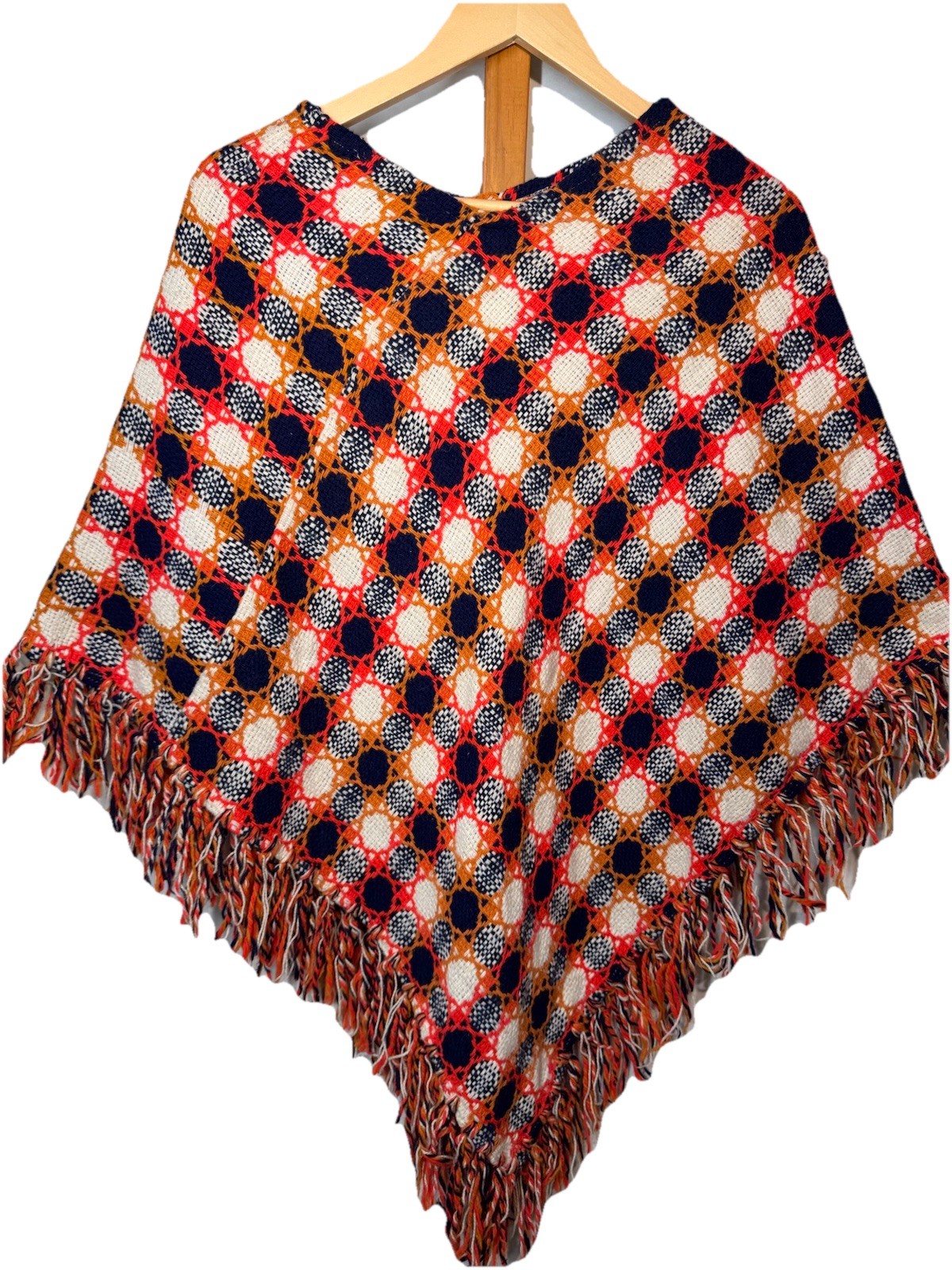 Vintage 1970s Crochet Poncho Colorful Cottage Core Granny Boho Fringe One Size