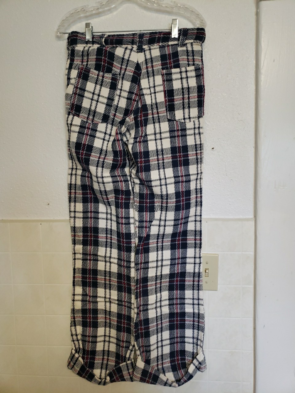 Vtg 60s 1970s Plaid Pants Cuffed 30×30 Red White Blue Bell Bottom Flare TopsAll