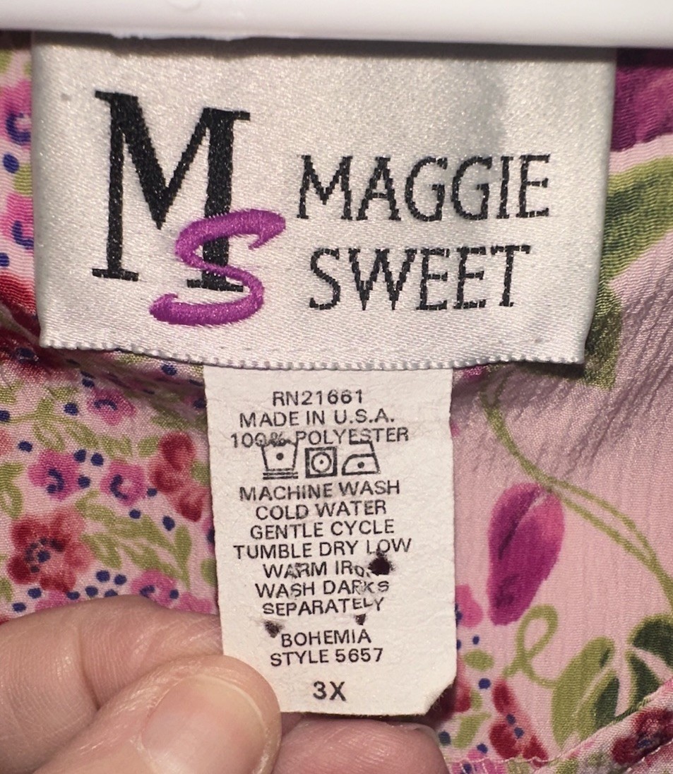 Vintage 1990 Maggie Sweet 3X Pink Blouse Print Ruffle Neck Flutter Sleeve Crepon