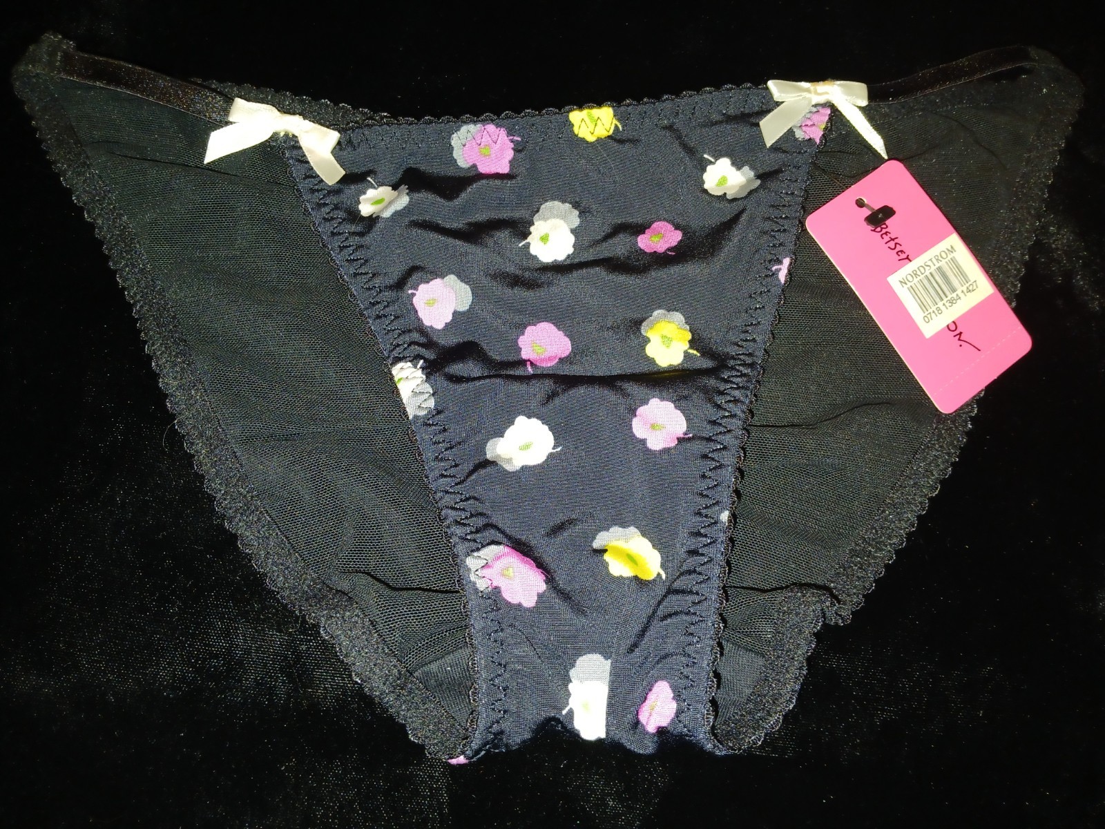 Vintage BETSEY JOHNSON Black Floral Silky String Bikini Panties S Y2K NWT