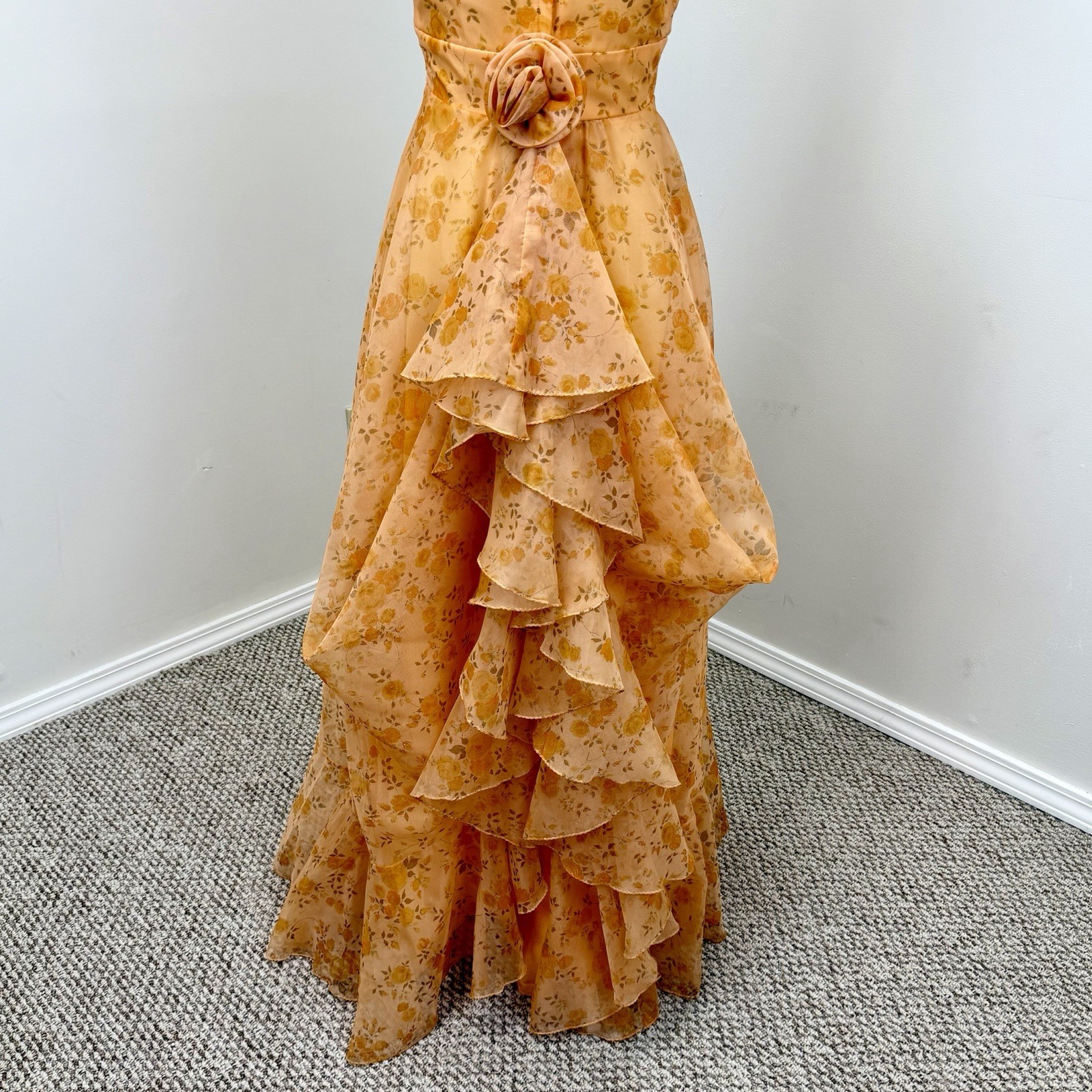 VTG 70s Maxi Dress S Floral Convertible Ruffle Cascade Bustle Train ILGWU USA