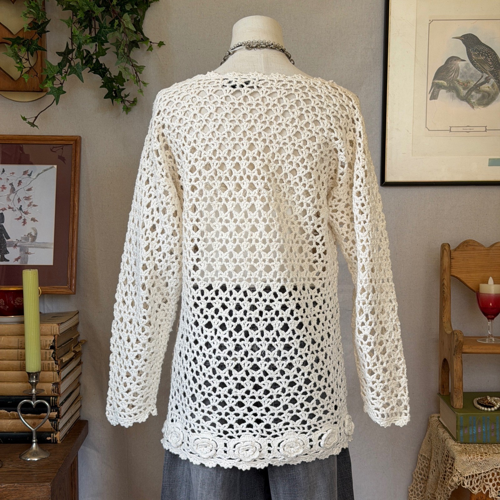 Cream Floral Crochet Long Sleeve Top Boho Vintage Overlay Sheer Tunic Sweater