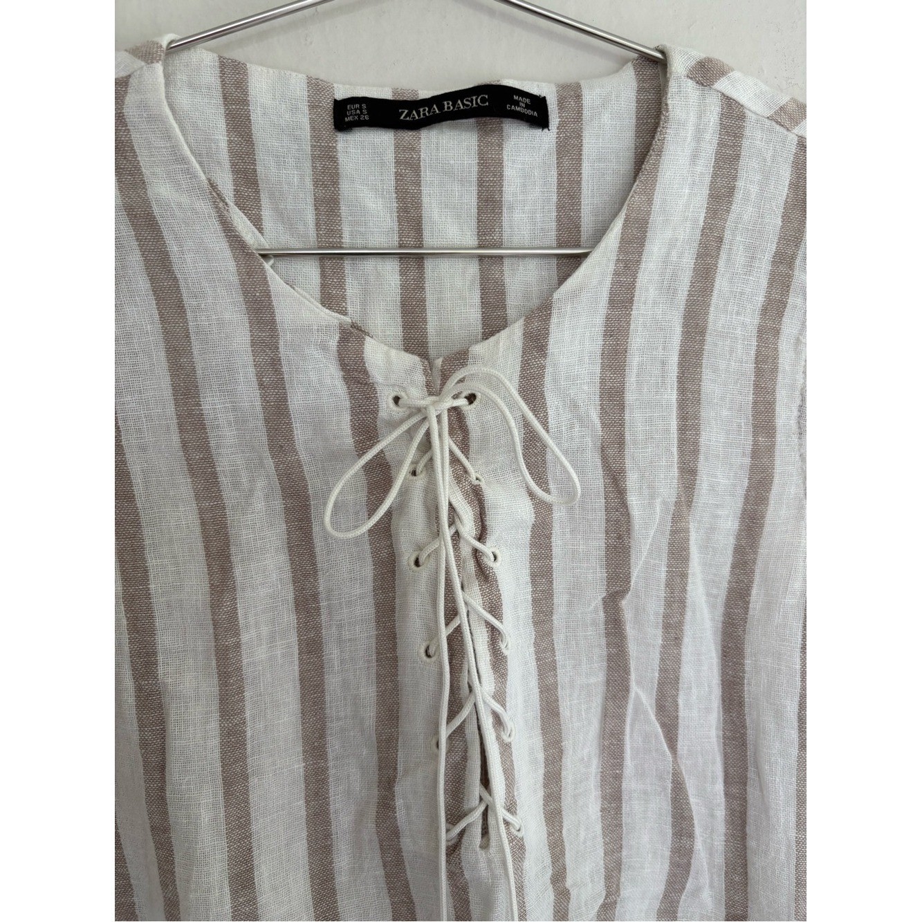 Zara Striped Linen Blend Sleeveless Lace Up Top Small Boho Fisherman Basic Beach