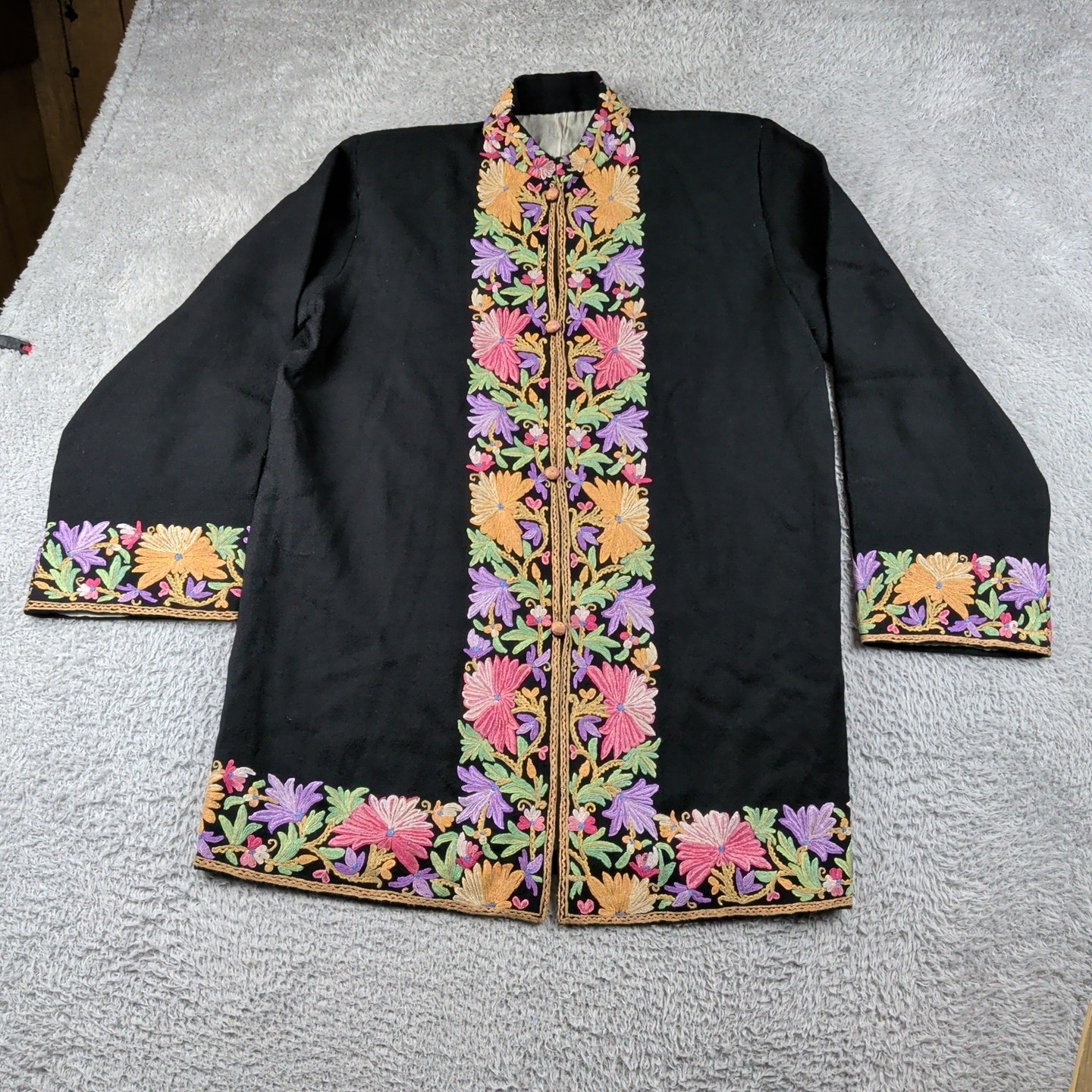 Vintage Traditional Kashmiri Jacket Womens Black Multicolor Embroidery Aari
