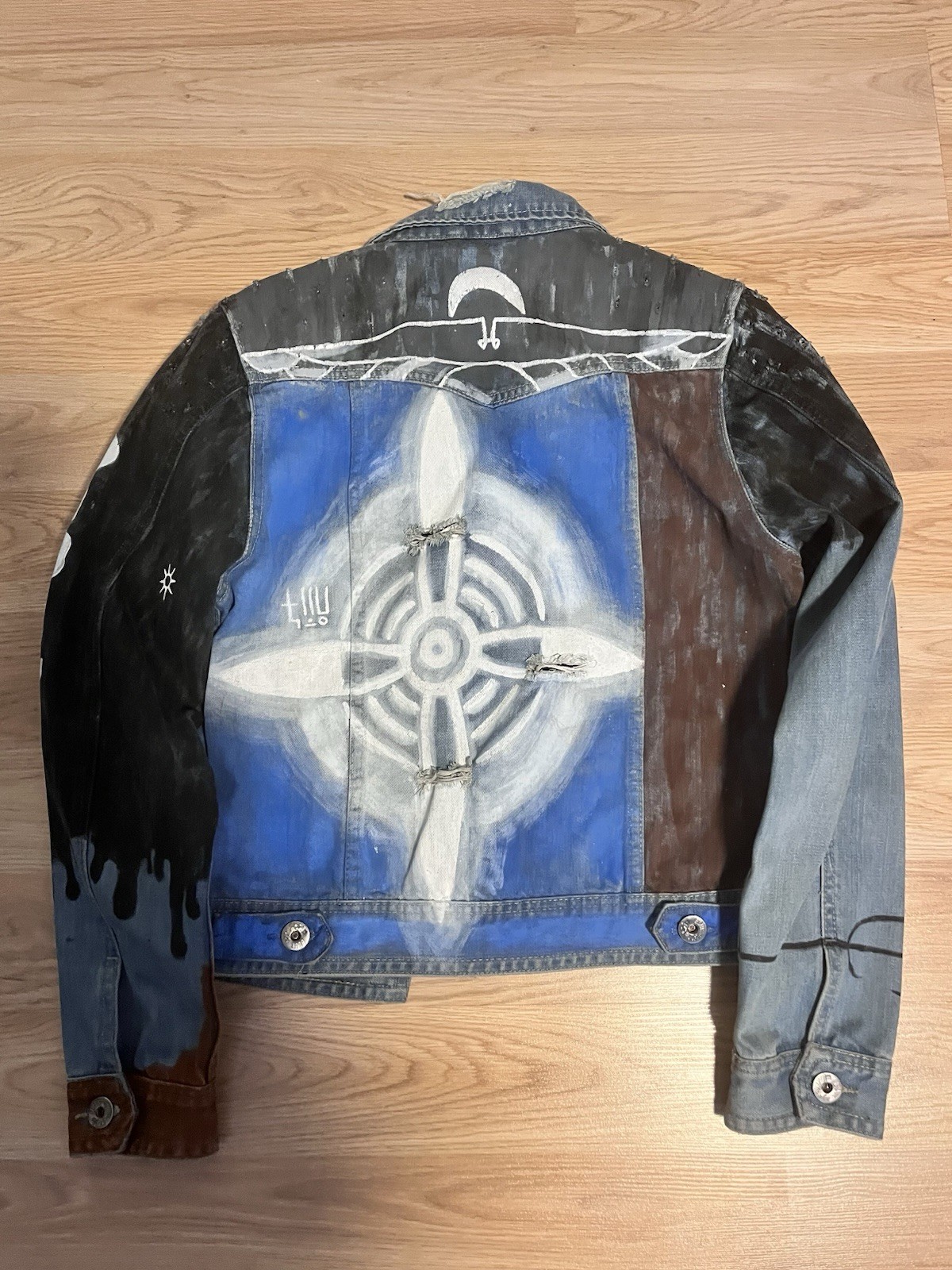 Jean Jacket Women Small Multicolor Upcycled Hand Painted Wearable Art Thrashed