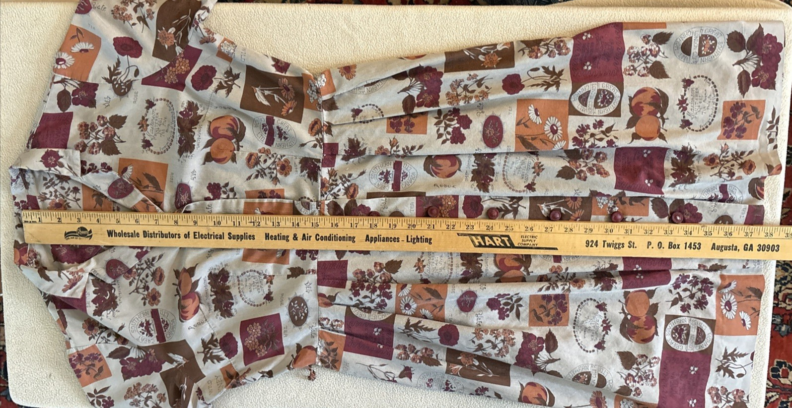 Vintage 1960’s Classic Shirtwaist Dress Tan Maroon Orange Graphics Fruit/Flowers