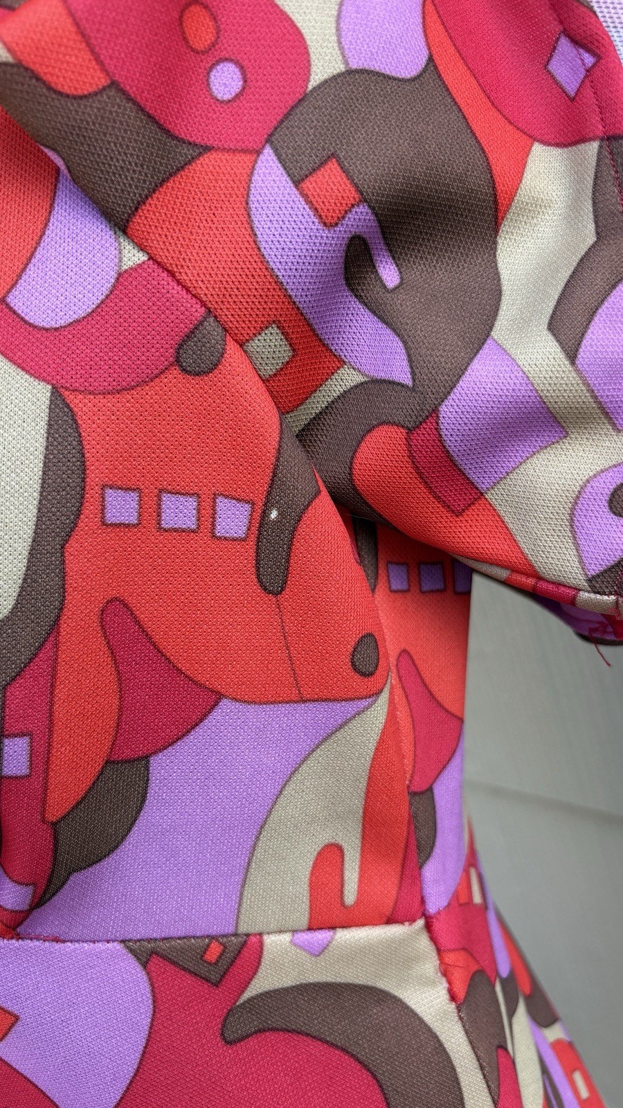 vtg 60s Colorful Geometric Print Flounce Sleeve Psychedelic A-Line Swing Dress