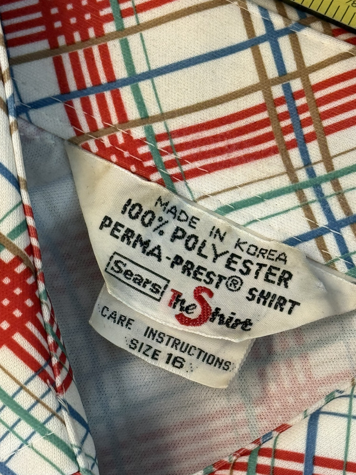 Rare Vintage 1960s70s Sears Perma Prest Shirt-Red, White, Blue Plaid W Med 16