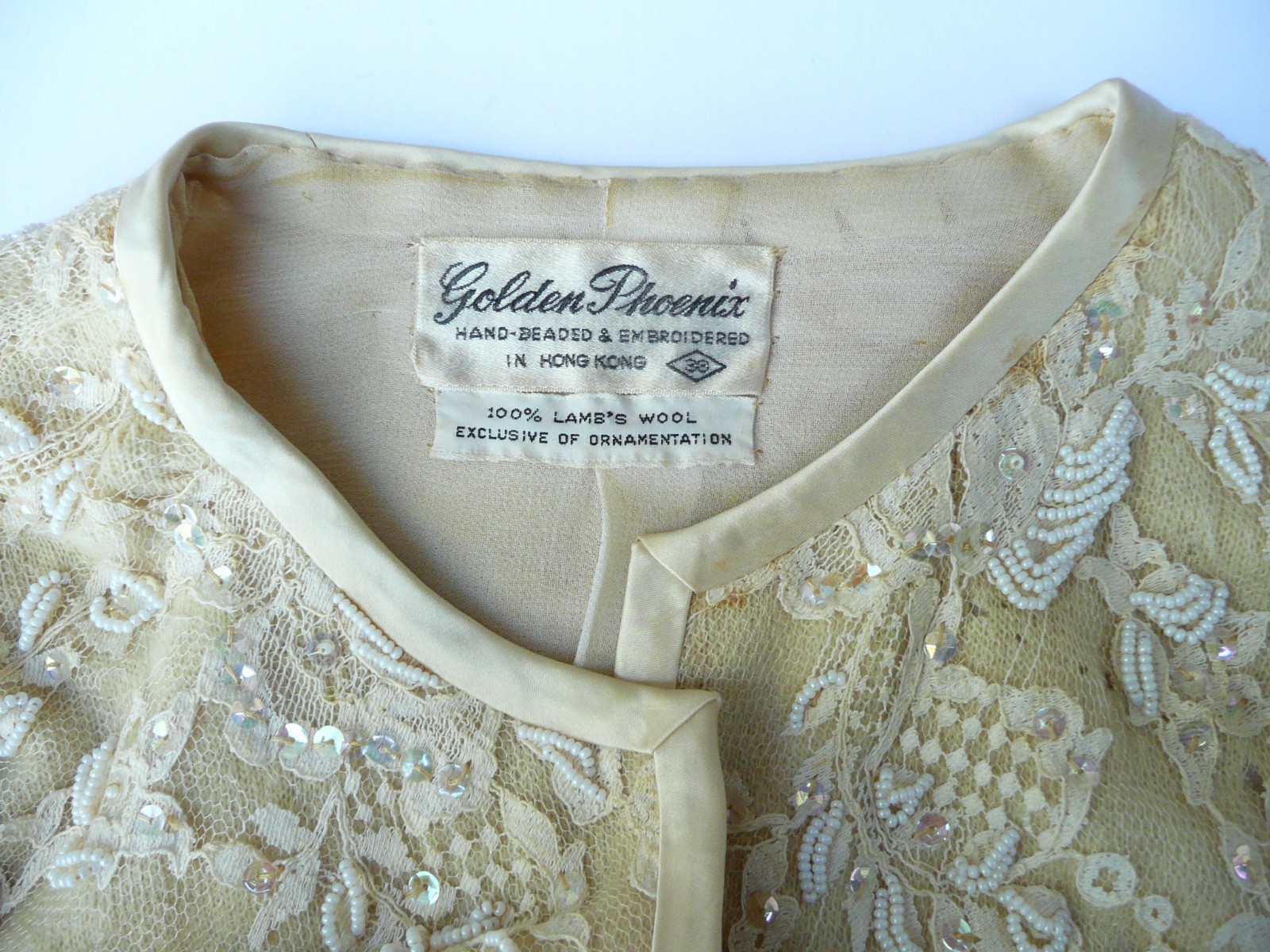 Vintage Golden Phoenix Distressed Ivory Hand Beaded Sweater Size 10 Lamb’s Wool