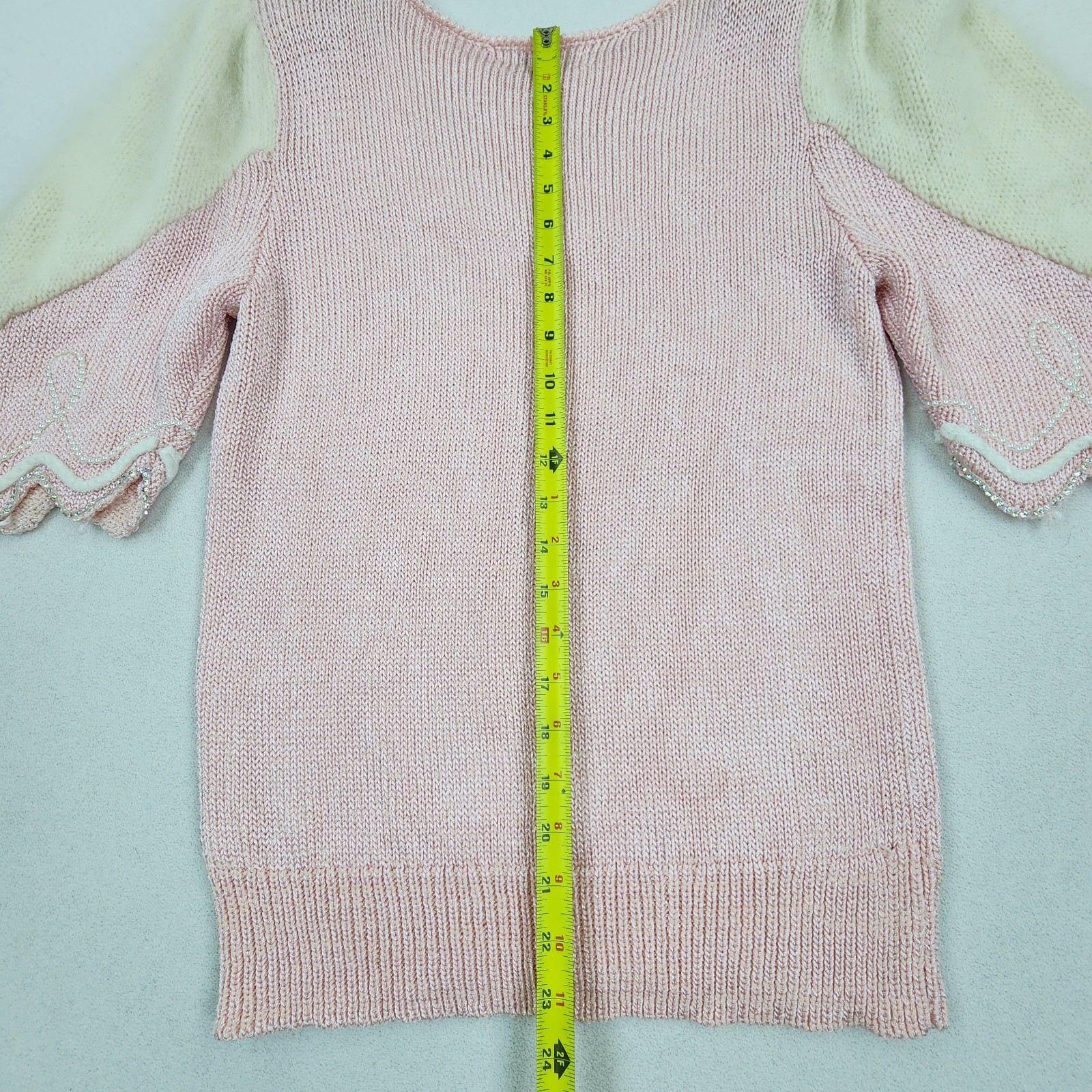 Vtg 80s DACANI Pink Knit Skirt Sweater Set Rhinestones Angora Shoulders Beaded