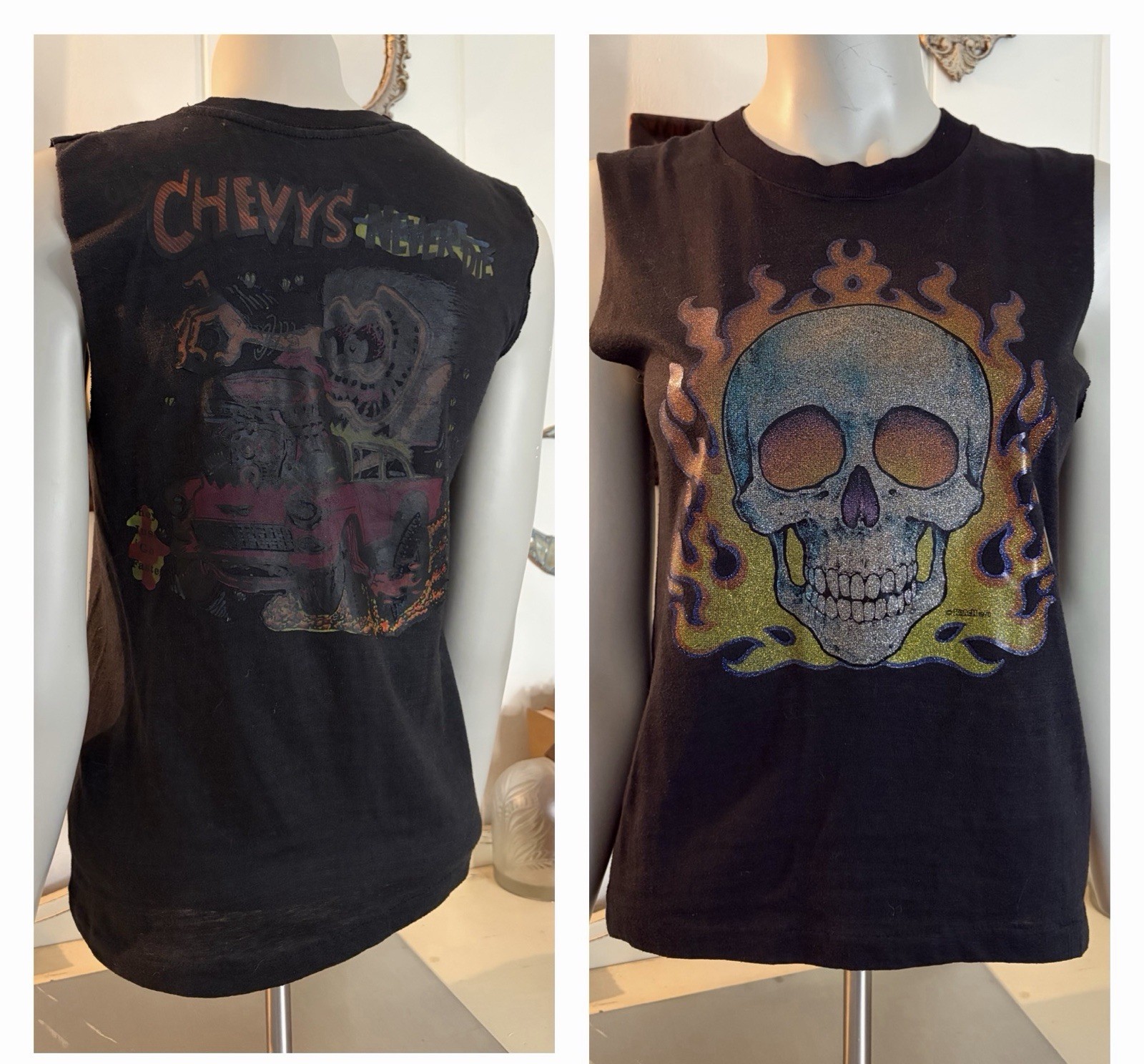 VTG 70s Glitter Skull Hot Rod Rats Hole Roach Double graphic muscle tee tshirt S