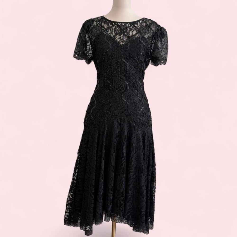 Vintage HW Collections Black Lace Sequin Midi Dress Size 10
