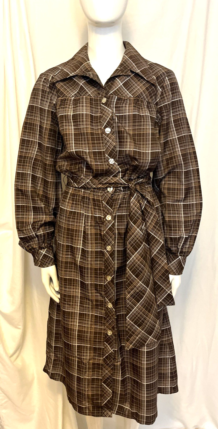 Vintage Sue Brett Secretary Dress Small-15/16 BrownPlaid+Belt /Pointy Collar 70s