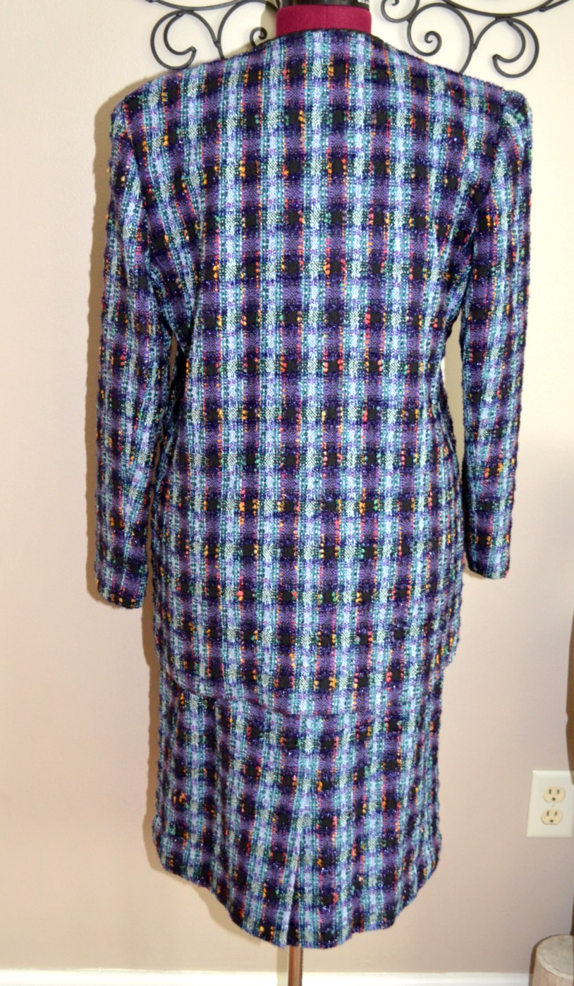 VTG Doncaster Tweed Skirt Suit Set 12 14 Faux Leather Trim Quiet Luxury NWT