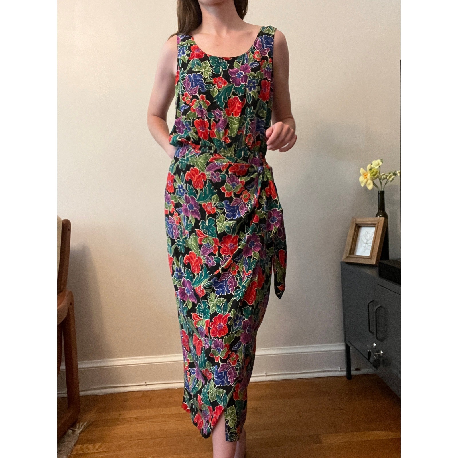 Vintage Floral Silk Maxi Dress Maggy London Side Tie Wrap Waist Summer Dress L