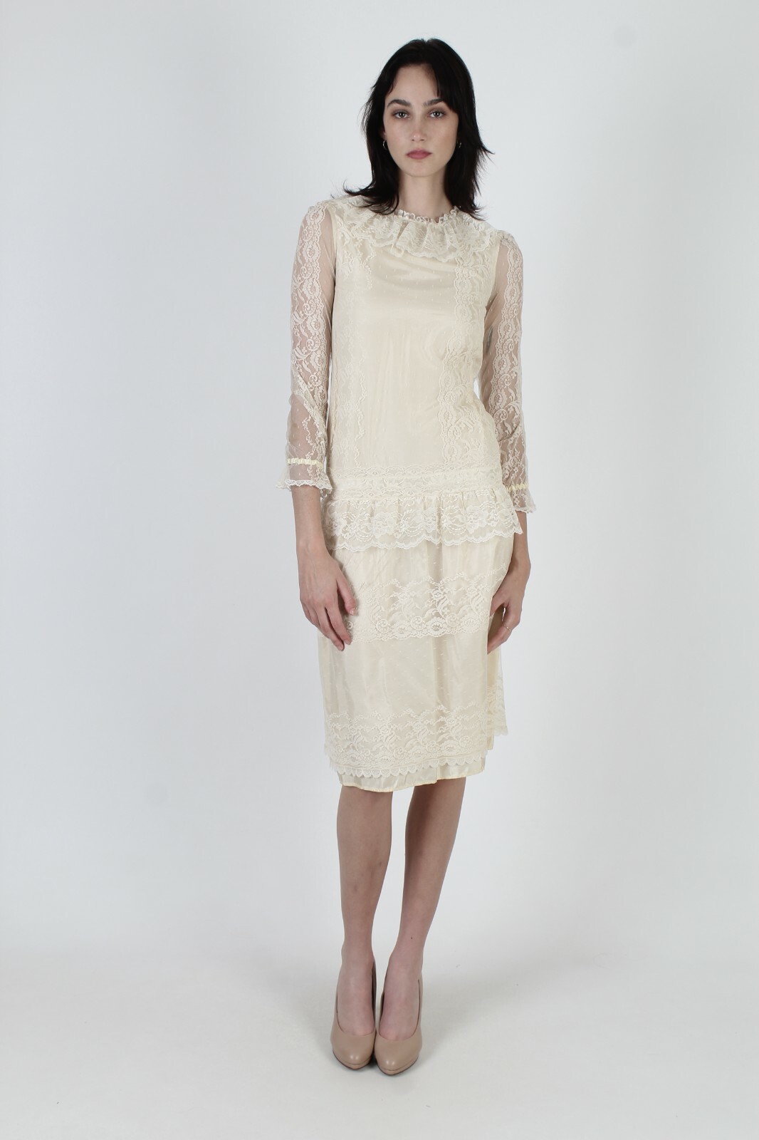 Vtg 80s Country Elegance Dress Sheer Ivory Lace Deco Bridal Wedding Lawn Mini