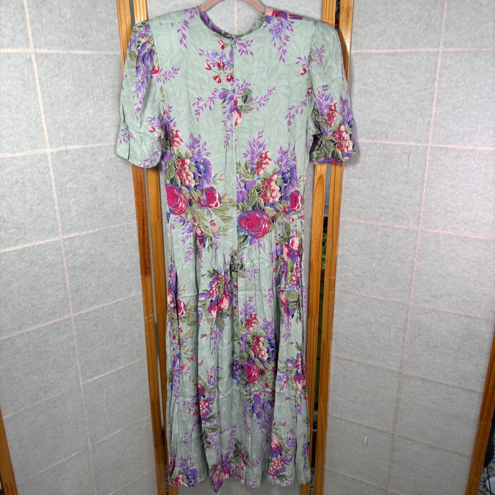 Jane Schaffhausen Belle France VTG Floral Rayon Dress Sage Green 6 Peony Garden