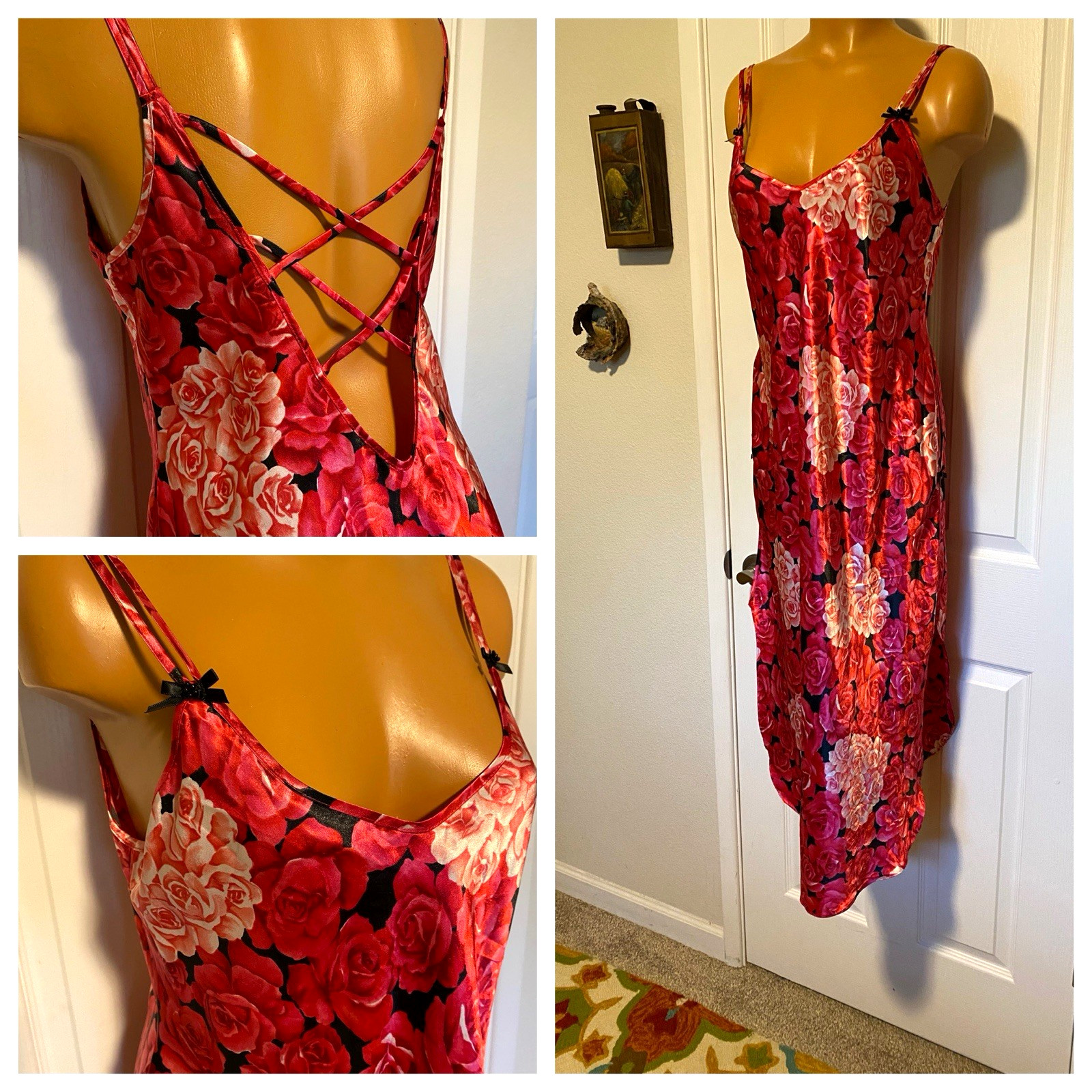 VTG Y2K SABRINA LINGERIE RED FLORAL SATIN W/ STRAPPY LOW BACK NIGHTGOWN SZ M