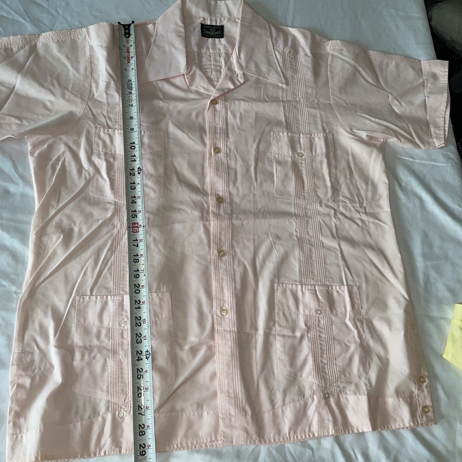 Vtg ’80s Van Heusen Pink Guayabera Embroidered Cuban Button Shirt Sz 17 1/5