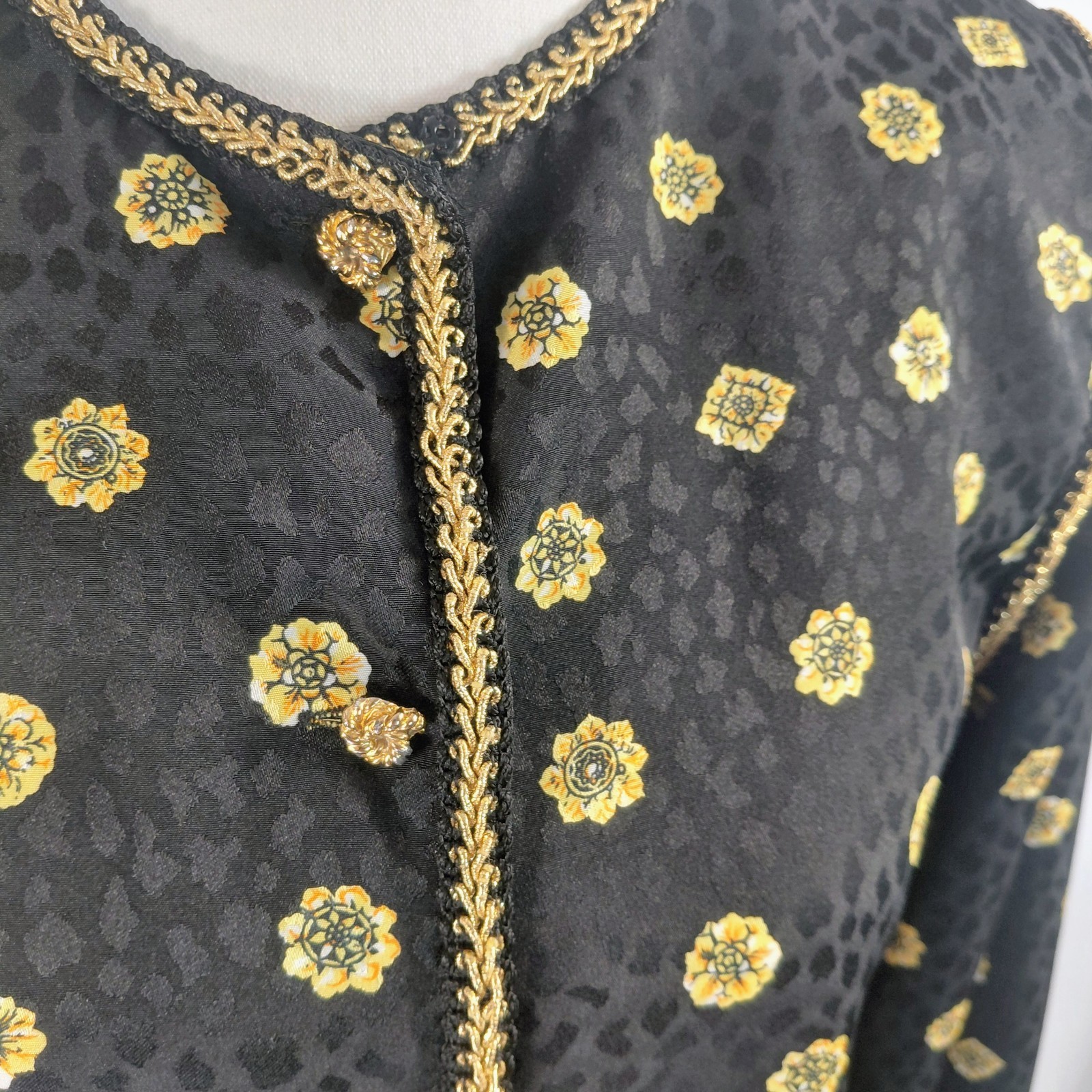 VTG Maggy London Brocade Blouse 4 Black Gold Jacquard Fleur-de-lis Coquette…