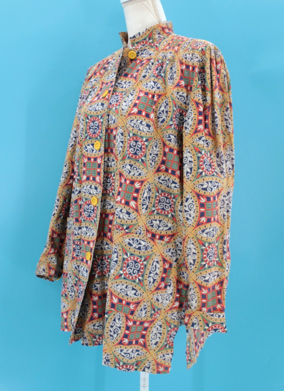 VTG Women’s 40s Colorful Abstract Print Button Front Smock / Shirt Sz M/L 1940s
