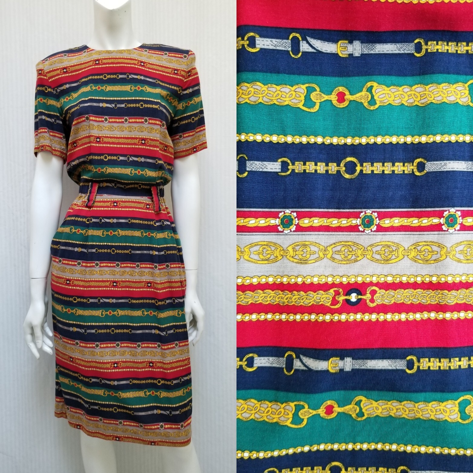 Vintage 80/90s Positive Attitude Chain Belt Print DRESS – Size S – EUC