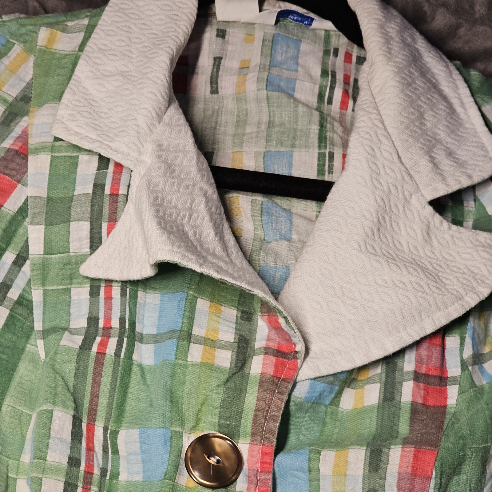 VTG Sears Fashions Shortsleeve Blouse Plaid Pastel Green Collared Cotton 70s 14