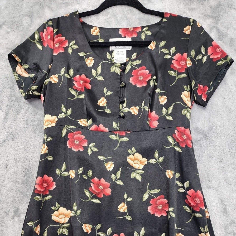 Vintage D.B.Y. LTD Dress Women 7 Juniors Black Floral Satin Tie Back Mini Grunge