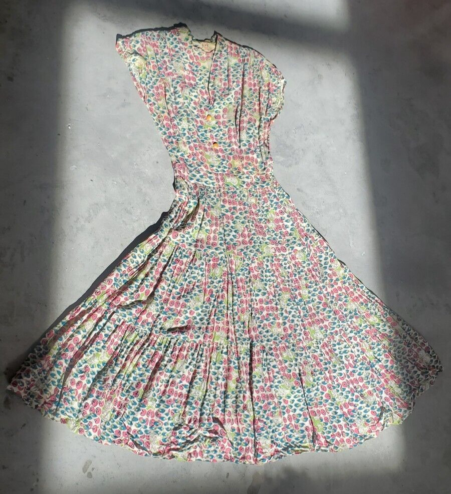 Vintage 40s R & K KNITS Rayon Pink Teal Floral Dress Tiered Ruching ART DECO XS