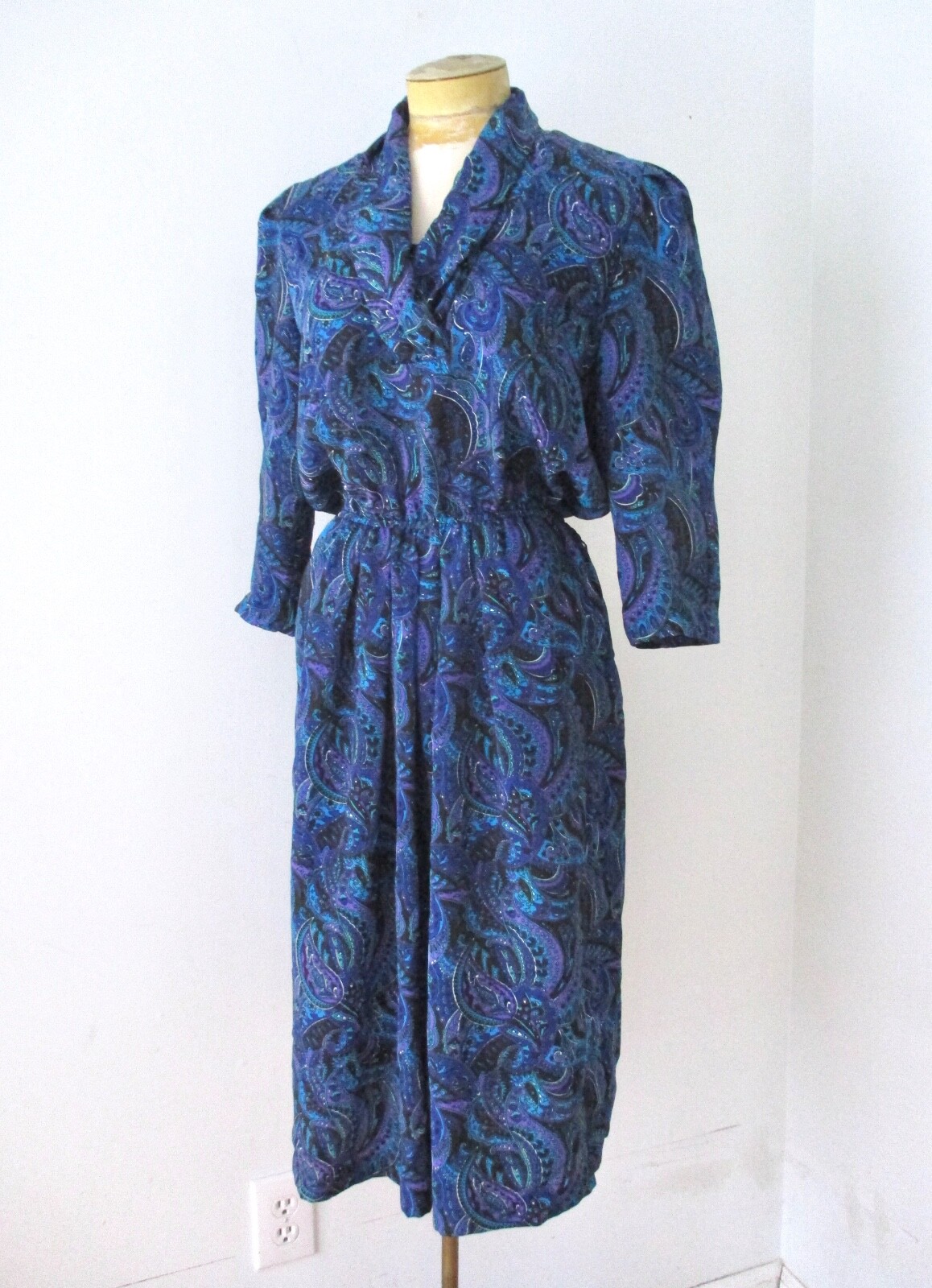 Vtg 80s purple blue paisley silky poly secretary dress pockets elastic waist PM