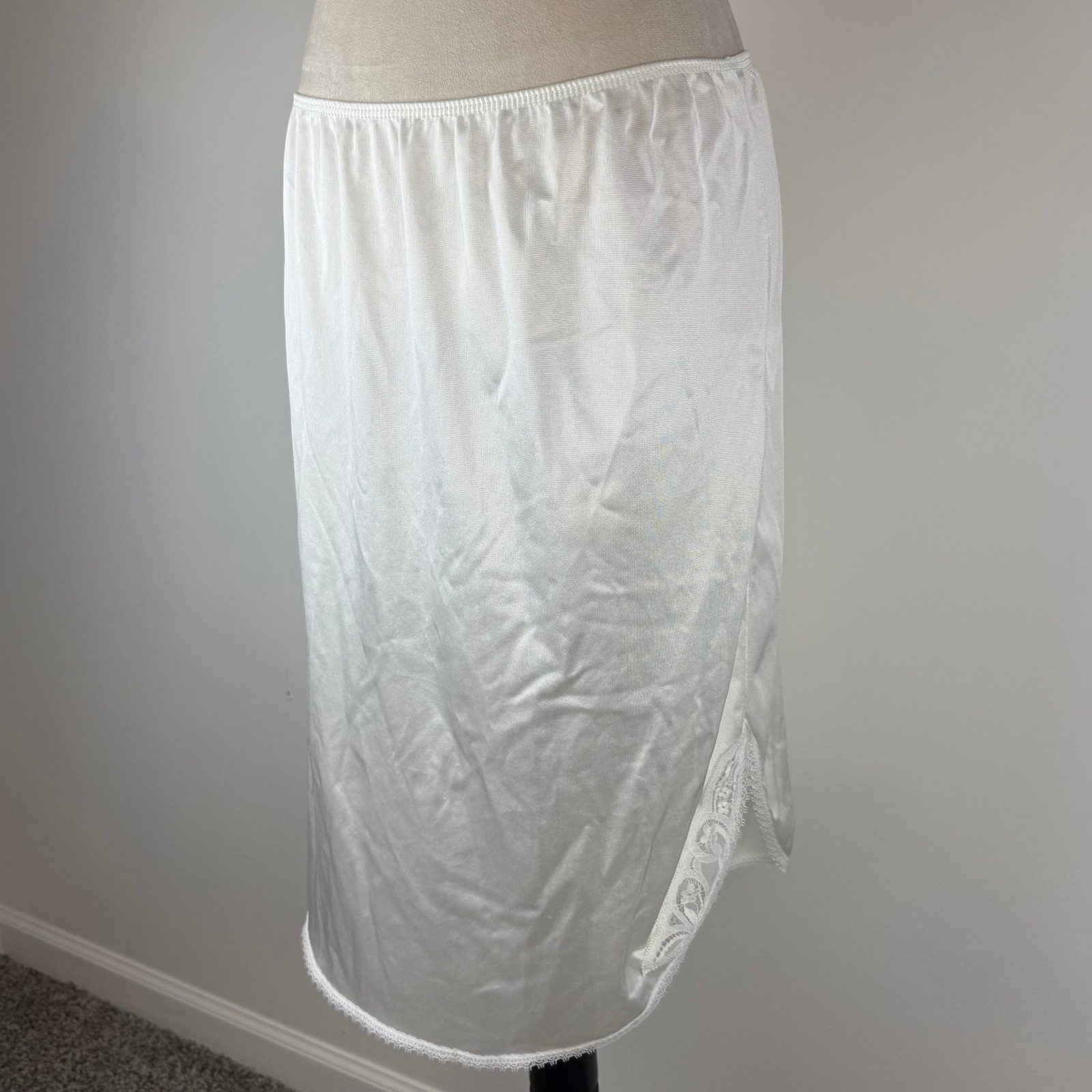 Retro White Satin Womens Nylon Half Slip Skirt Lace Trim Side Slit Elastic Waist