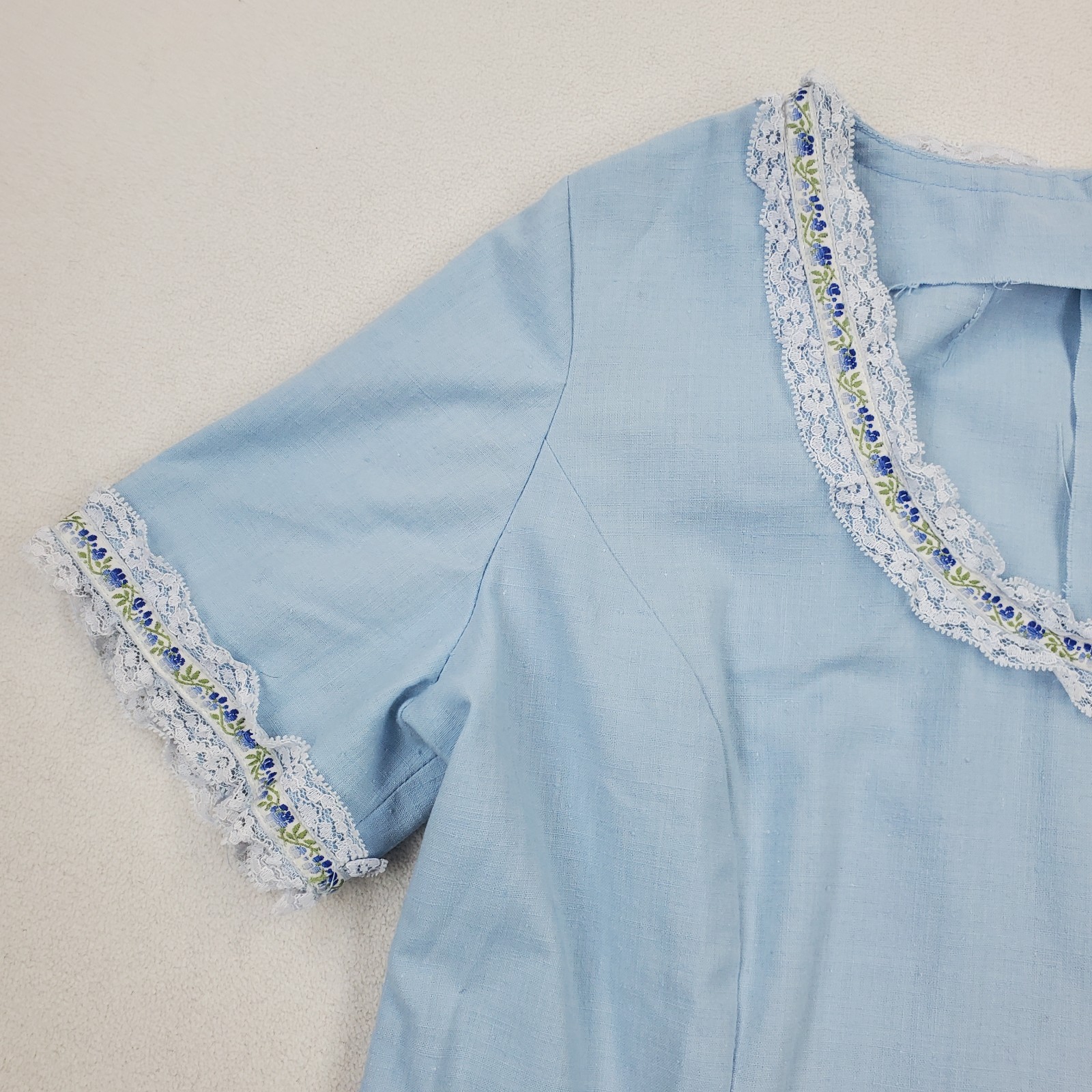 60s Lace Trim Maxi Dress XS Empire Waist Mod Regency Jane Austen Bridgerton Blue
