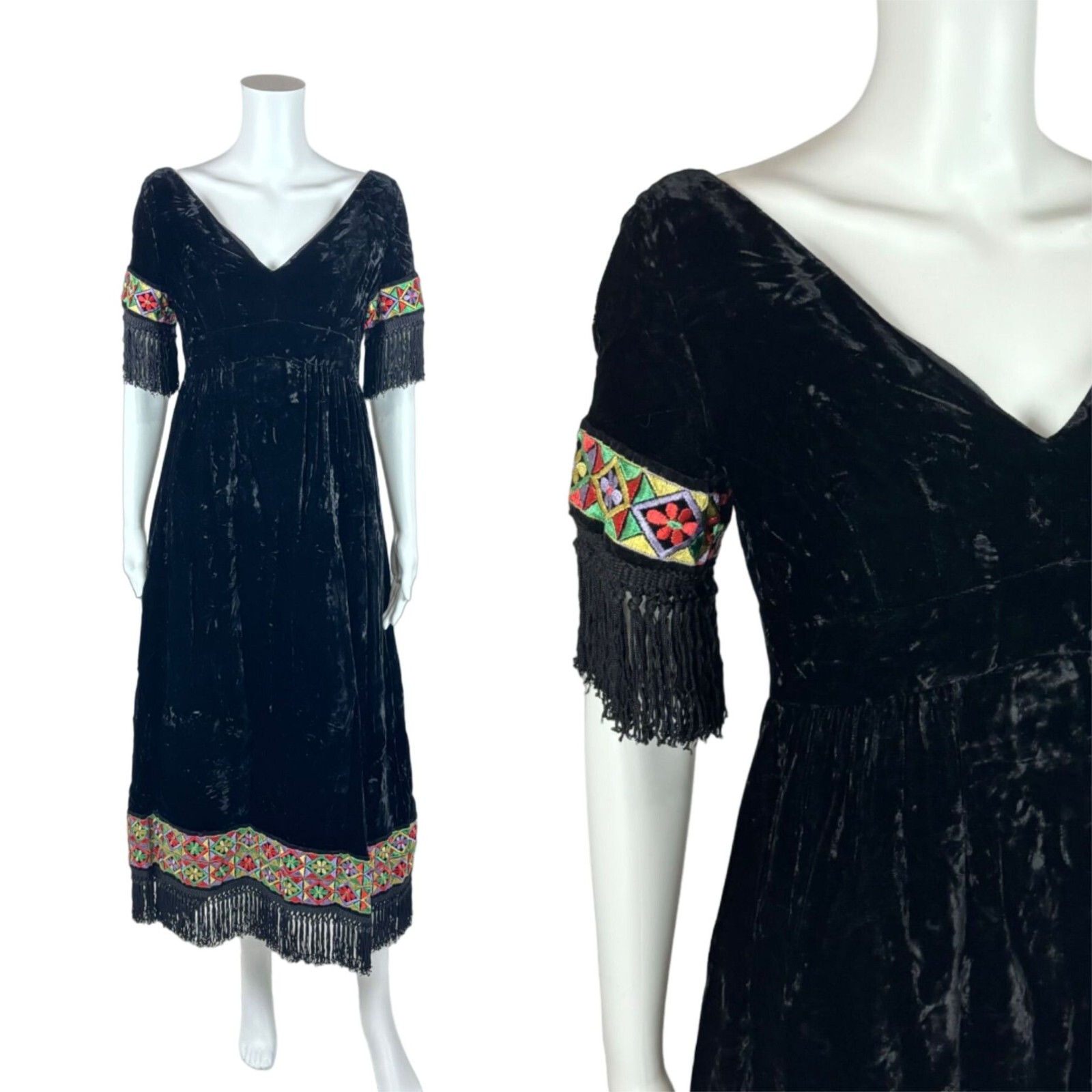 Vintage 70s Velvet Dress Women’s Medium Embroidered Fringe Black Maxi Boho