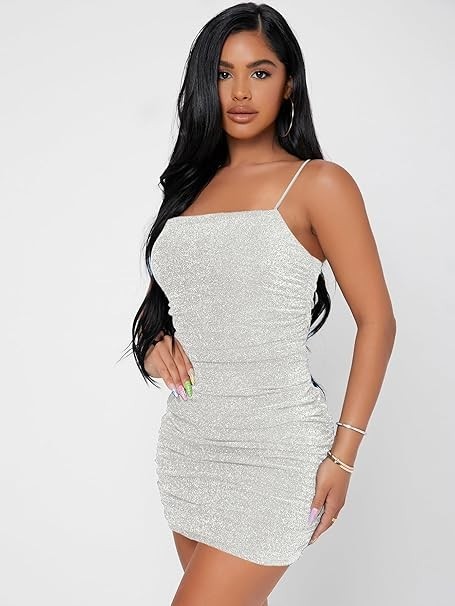Floerns Women’s Glitter Sleeveless Ruched Party Clubwear Bodycon Mini Dress – L