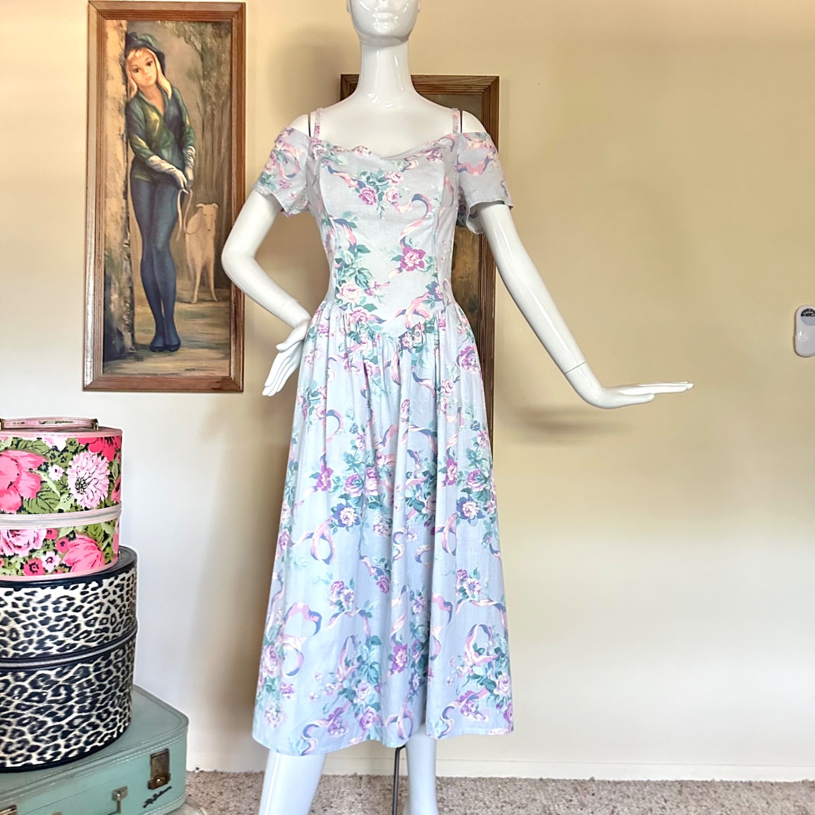 Vtg 1980s Off-Shoulder Baroque Floral Print Fit Party Dress Cottagecore L Volup