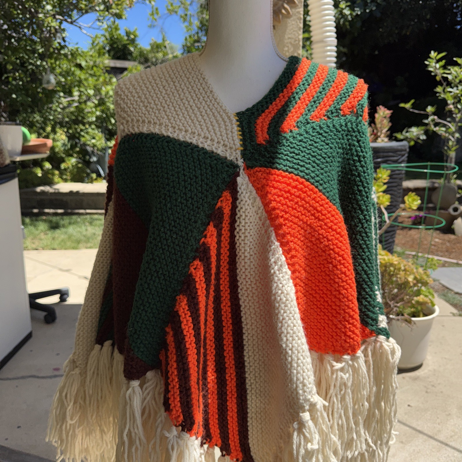 Vintage Poncho Hand Crochet Green Brown Orange Cream w/Fringe 60’s 70’s Boho