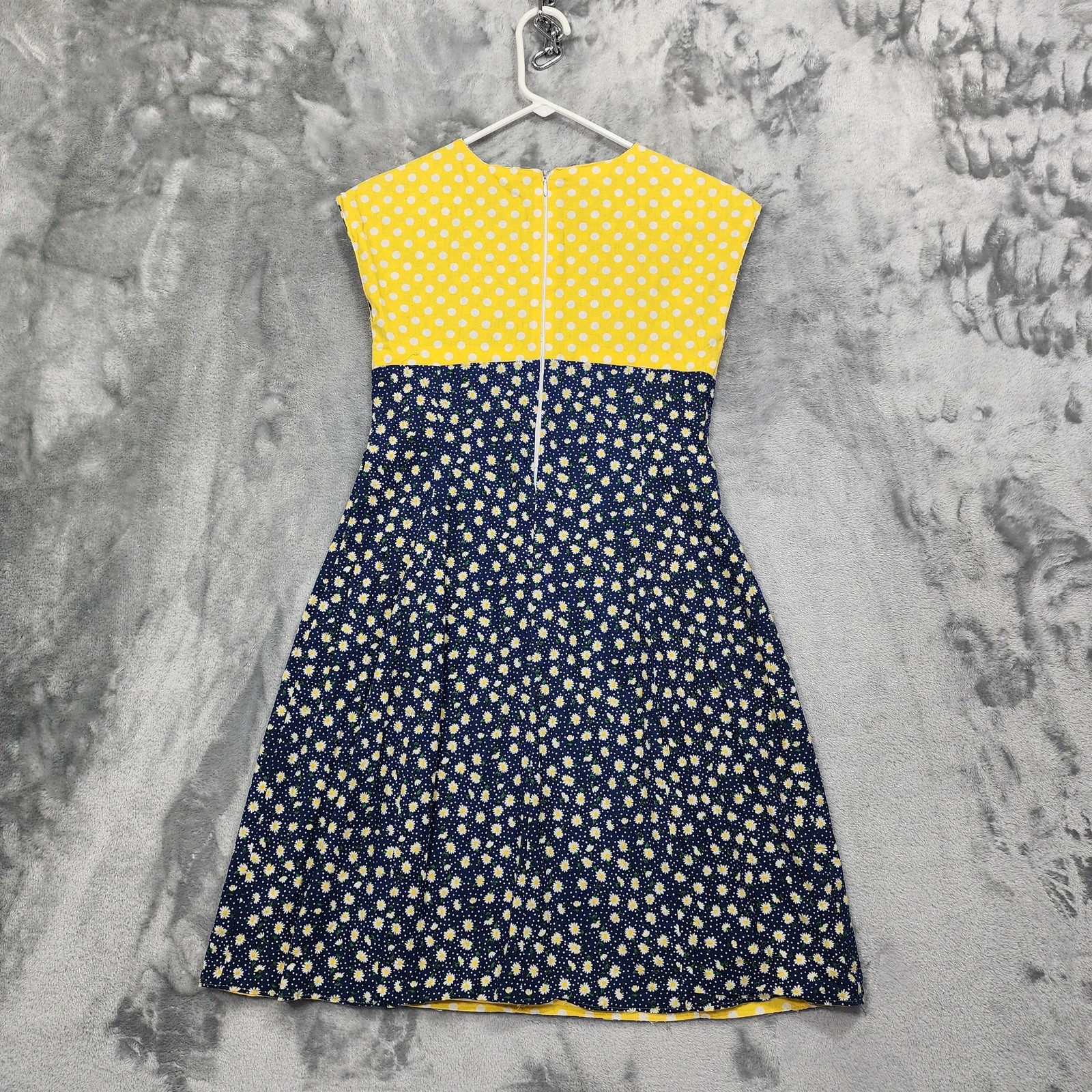 Vintage Dress Women XS Blue Yellow Floral Polka Dot Cotton Mini Cap Sleeve Daisy