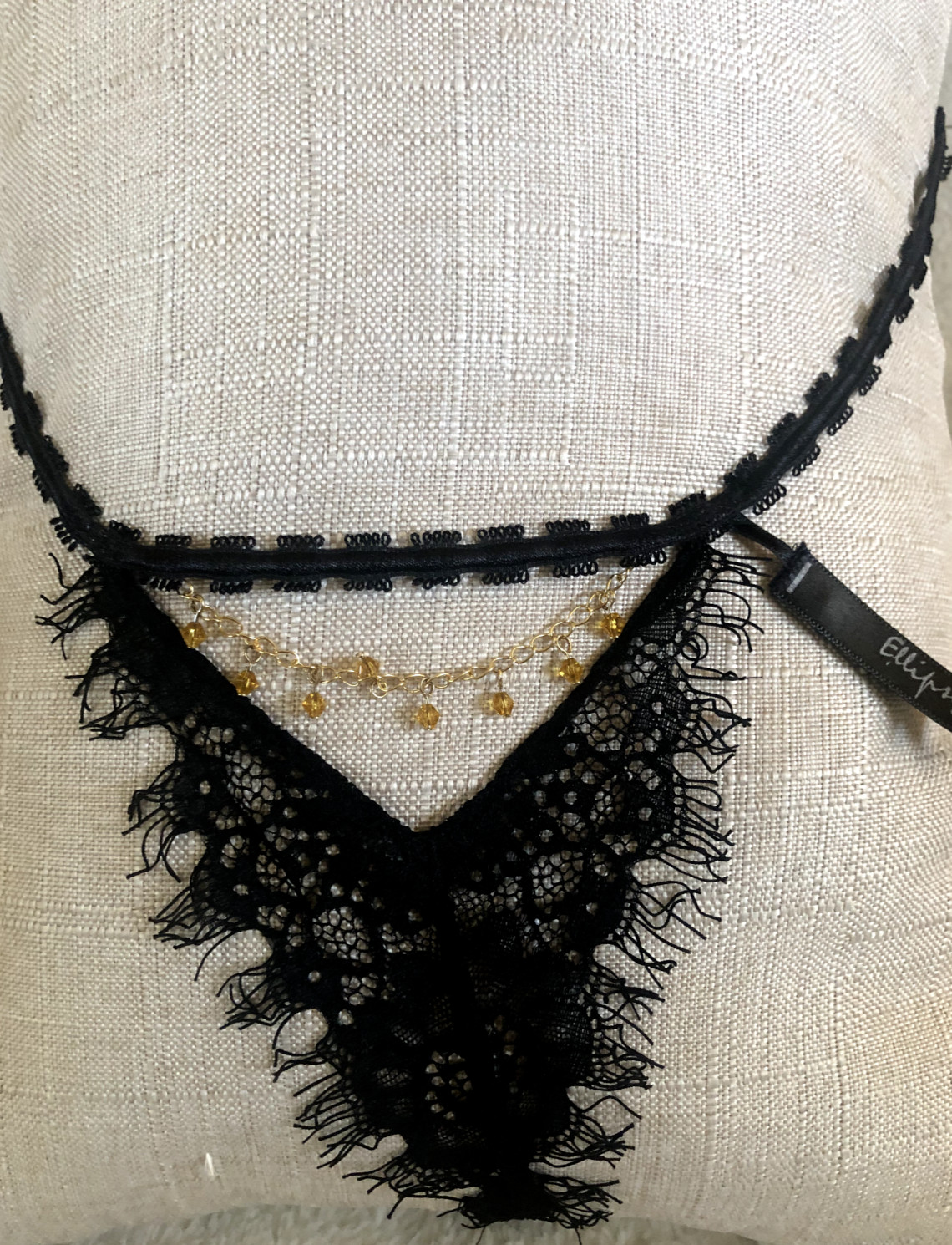 New Vtg ECLIPSE L Black Lace THONG PANTY Gold Faceted Bead Chain Beige Lined