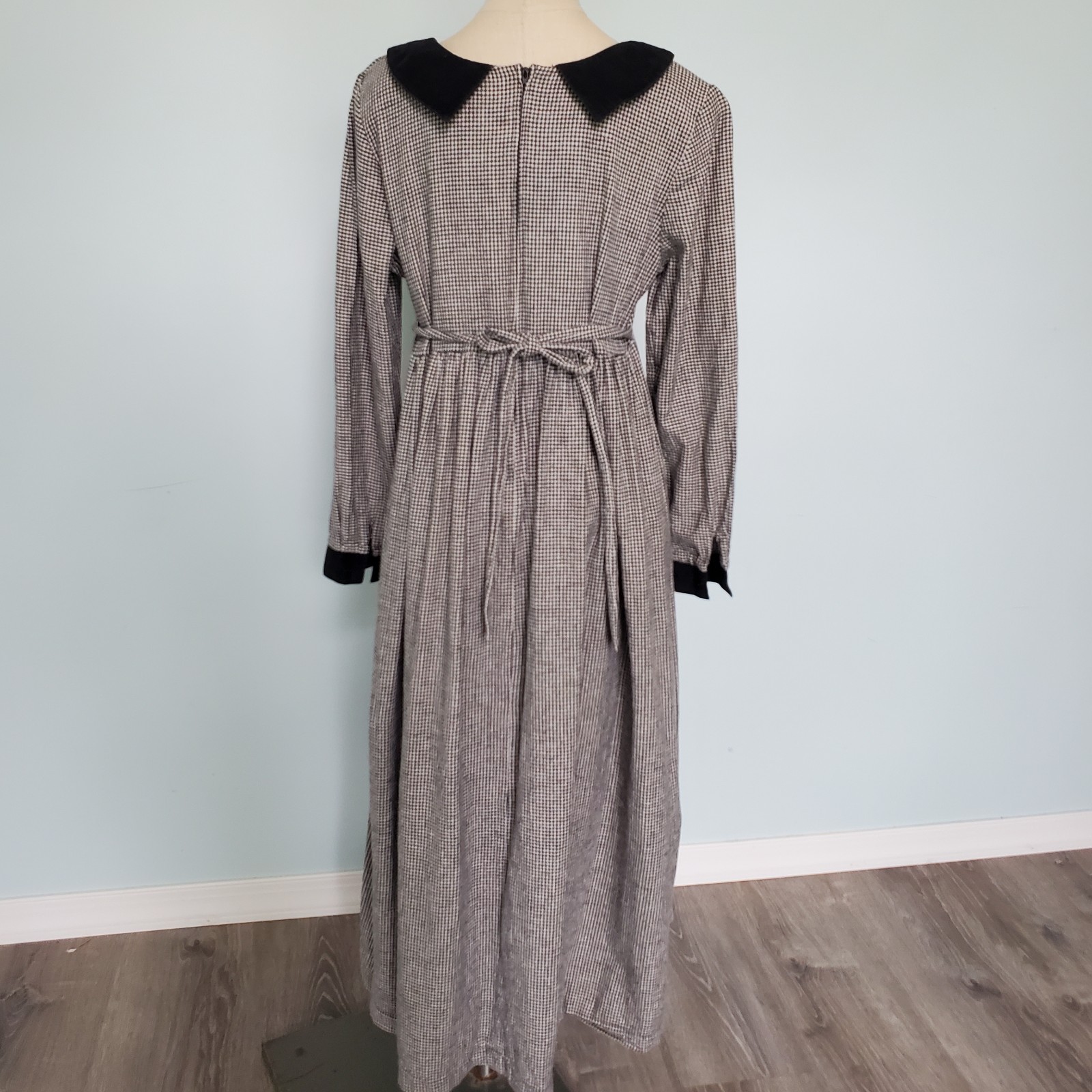 Vtg Misty Lane 8 M Houndstooth Maxi Dress Flannel Cotton Modest Cottage Academia