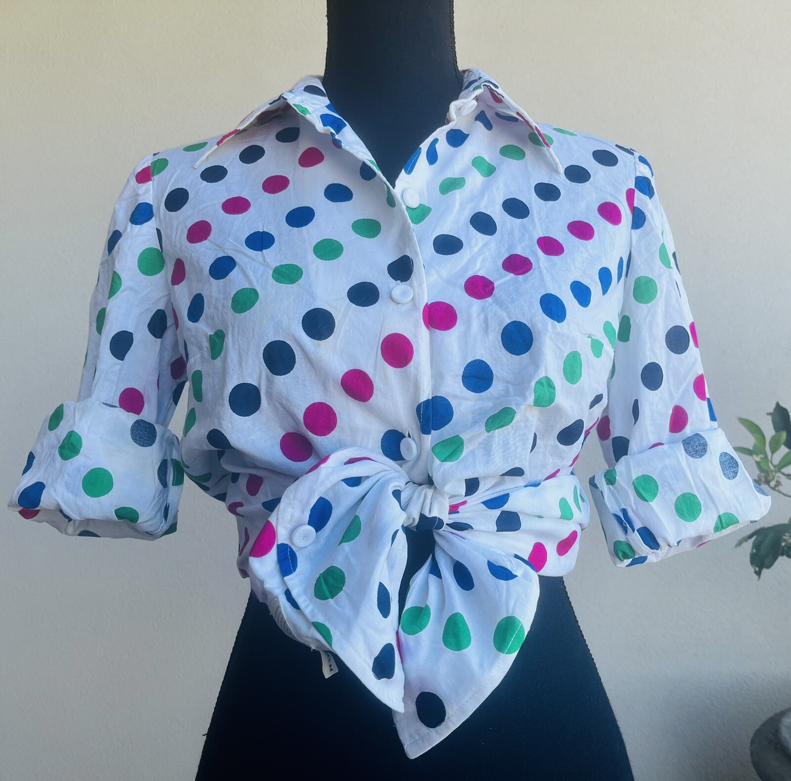 Vintage Colorful Rainbow Polka Dot Women’s Button Down Shirt Long Sleeve Small