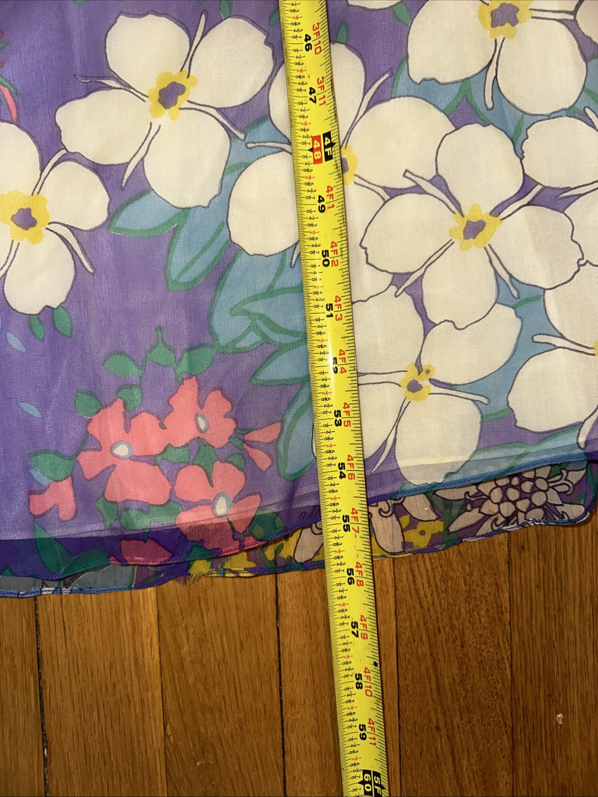 Vintage 60s 70s Parues Feinstein Flowy Flower Purple Long Dress Floral Sheer