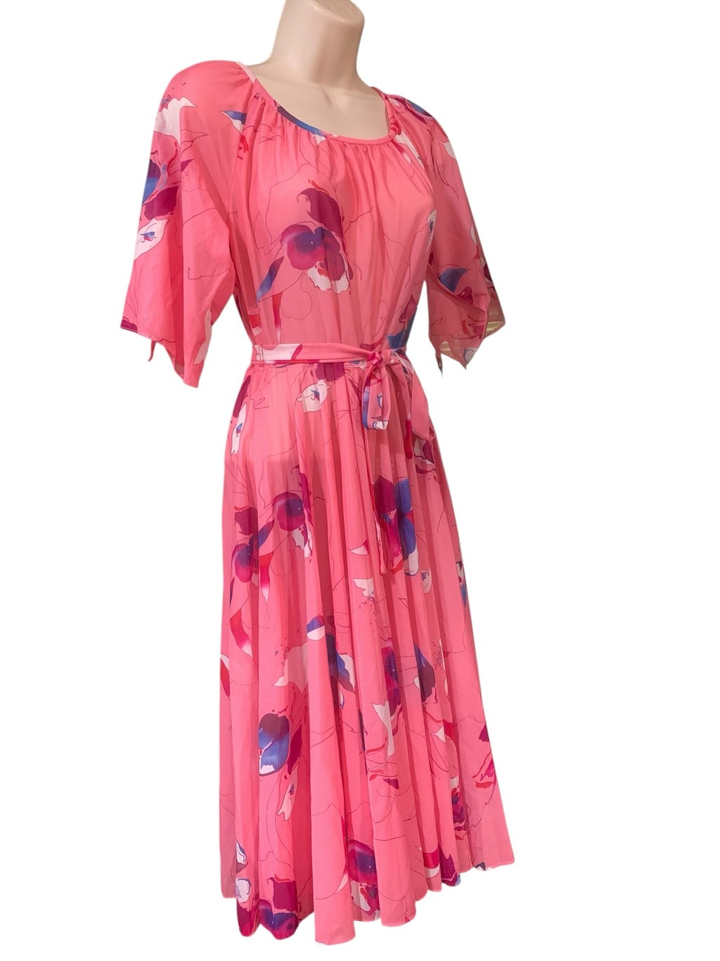 Vntg 70’s Women’s Sheer Floral Midi Dress Size S Pink Purple