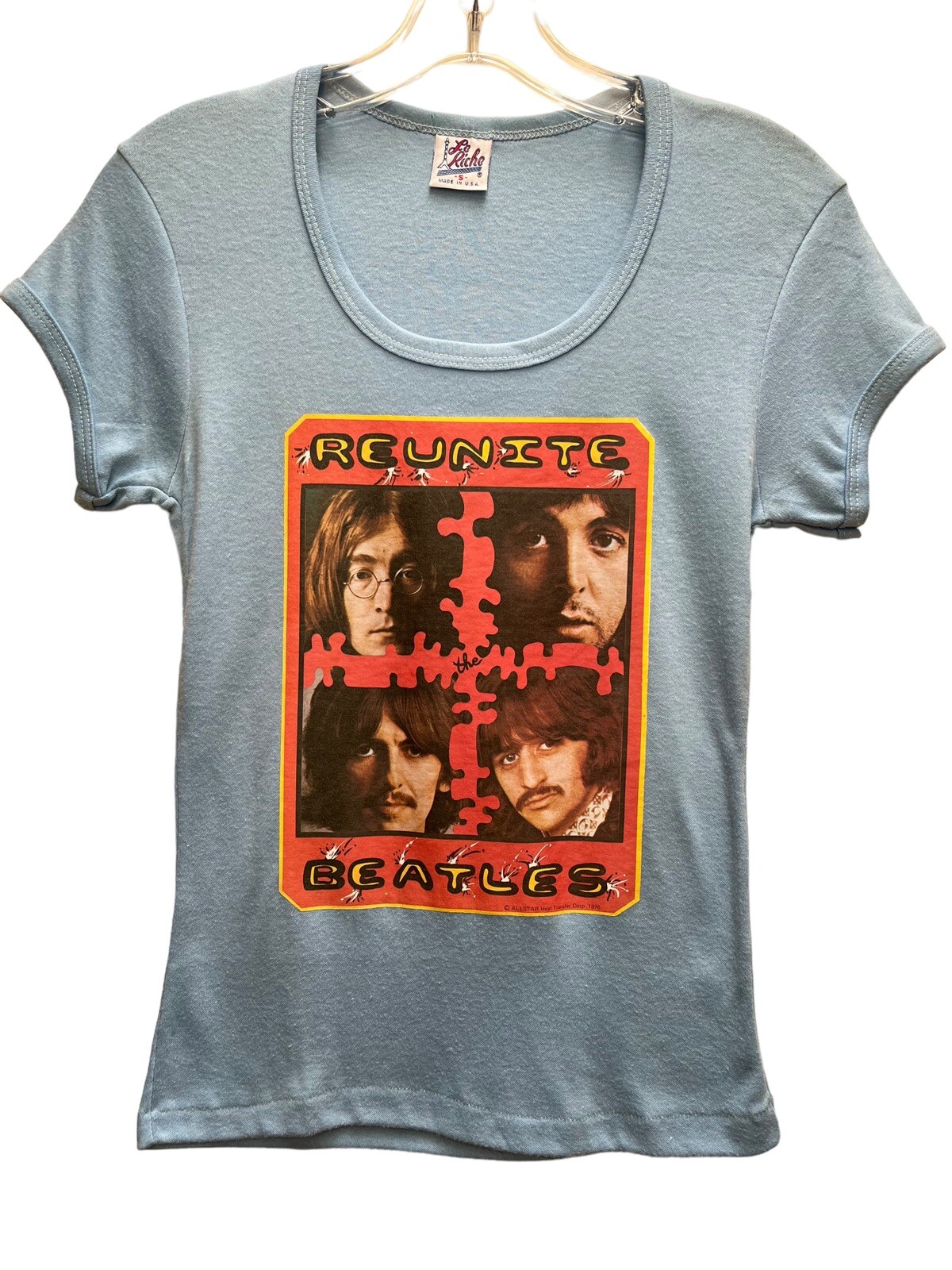 VTG BEATLES Reunite 1976 Tee T shirt Top Women Blue French tee Size Small