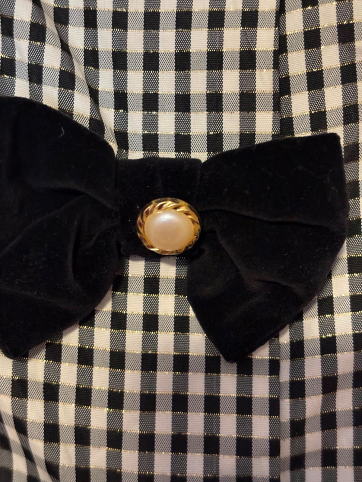 Vtg. Misty Lane Gingham Party Dress, Black Velvet Bows, 7/8