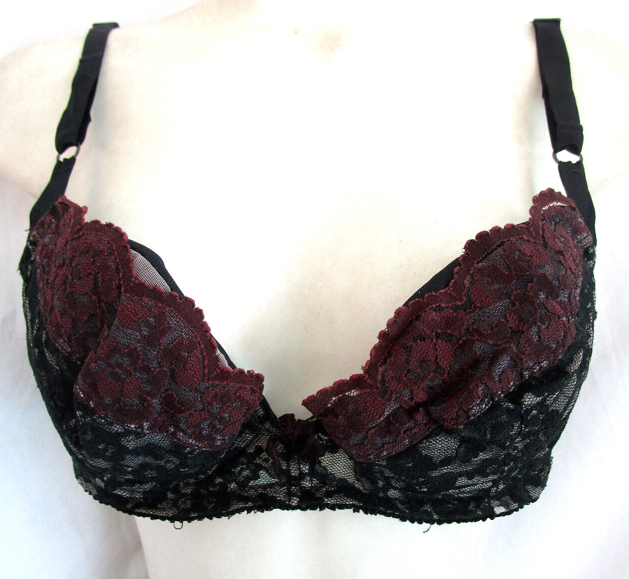 Vtg 70s Penney’s Adonna Pinup Pushup Burlesque Bra Black Wine Lace Padded 34B