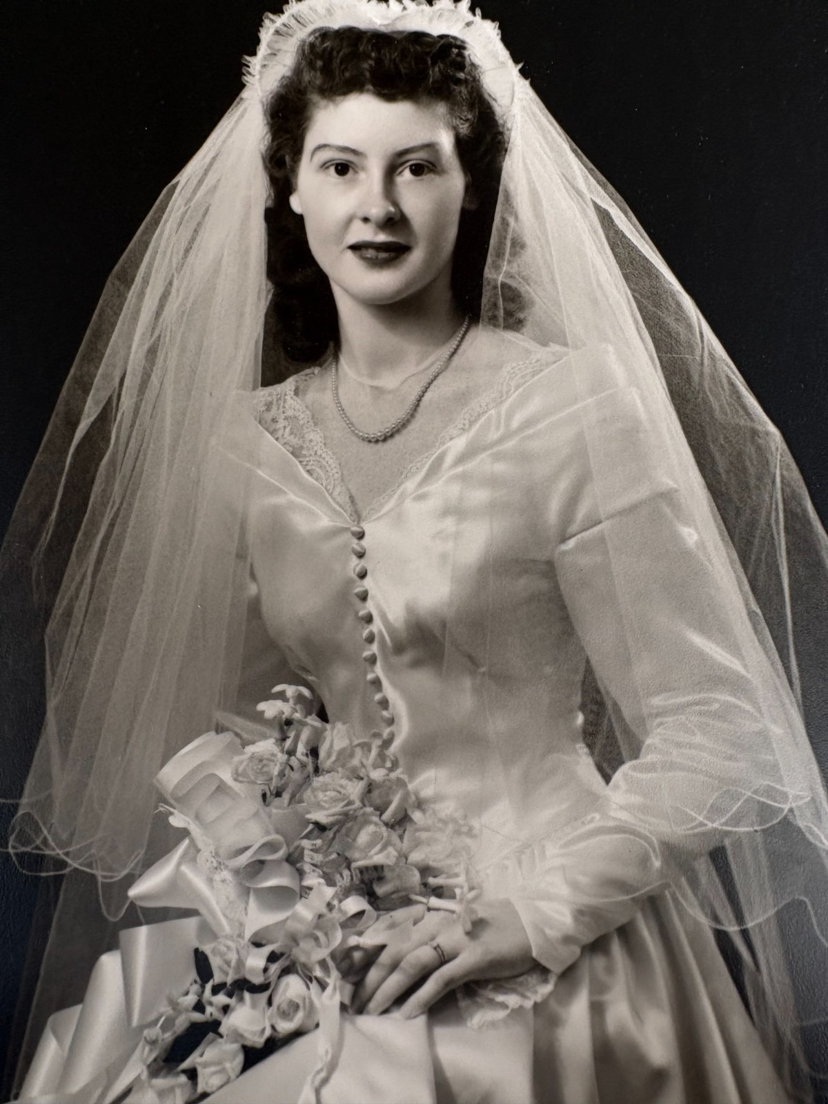 1940s/50s vintage wedding dress in silk faille with cathedral train and buttons